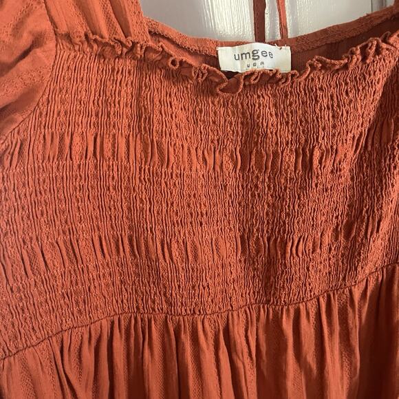 Umgee Women Milk Maid Smocked Tiered Orange Dress L Balloon Sleeve Cottage Fall - Picture 6 of 13